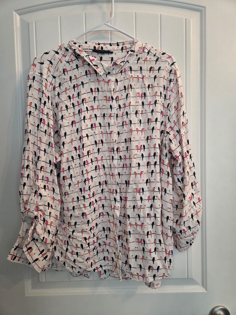 Jane and Delancey White Button-Down Shirt with Black and Pink Bird Print